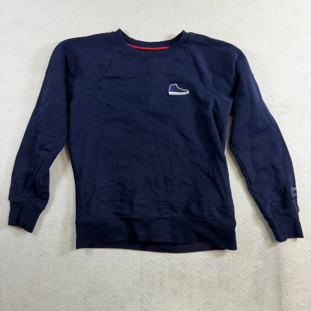 Jordan Mens Navy Blue Fleece Raglan Crewneck Sweatshirt Sneaker Patch Medium